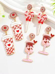 2 件/4 件/6 件可爱水钻汉堡和薯条耳钉，时尚仿制食物耳环汉堡、薯条、爆米花、冰淇淋、西瓜、火锅，适合休闲、派对穿着或礼物 - 彩色 - 查看 6