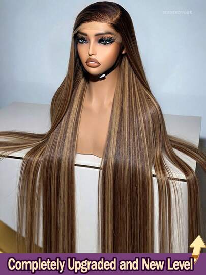 5*5 Wear And Go Highlight Straight 4/27 Long 8-34 Inch Wig Human Frontal Hair 13x4 HD Lace Front Wigs 200% Density Brazilian Virgin Pre Cut Lace Human Frontal Hair Straight Wig Pre Plucked With Baby Hair Blended Hair For Women Daily Party Christmas Use