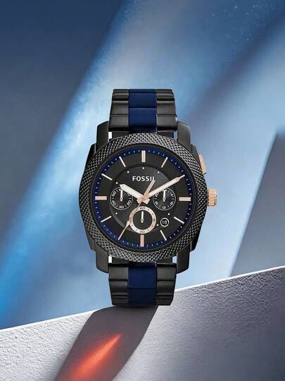 Fossil Men's Quartz Watch, Black Dial, Black & Blue Strap, Three-Hand Design, Business Casual Style, Suitable For Daily Work And Other Occasions
