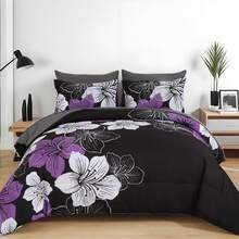 7 Pieces Floral Yellow/Aqua/Navy Blue Floral Comforter Set Queen King Bed In A Bag Botanical Floral Comforter Soft Soft Microfiber Complete Bedding Sets For Fall And Wedding Items,Valentines Day Home Bed Room Decor,Easter Gifts,Mothers Day Gift,All Season - 紫色/黑色 - 查看 1