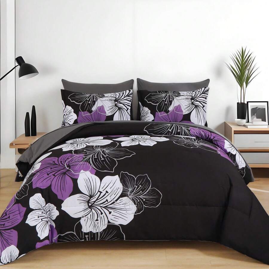 7 Pieces Floral Yellow/Aqua/Navy Blue Floral Comforter Set Queen King Bed In A Bag Botanical Floral Comforter Soft Soft Microfiber Complete Bedding Sets For Fall And Wedding Items,Valentines Day Home Bed Room Decor,Easter Gifts,Mothers Day Gift,All Season - 紫色/黑色 - 查看 1