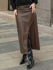 DAZY Women's Solid Color Asymmetric Design Casual Skirt,Pencil Skirt Leather Skirt - Coffee Brown - View 1