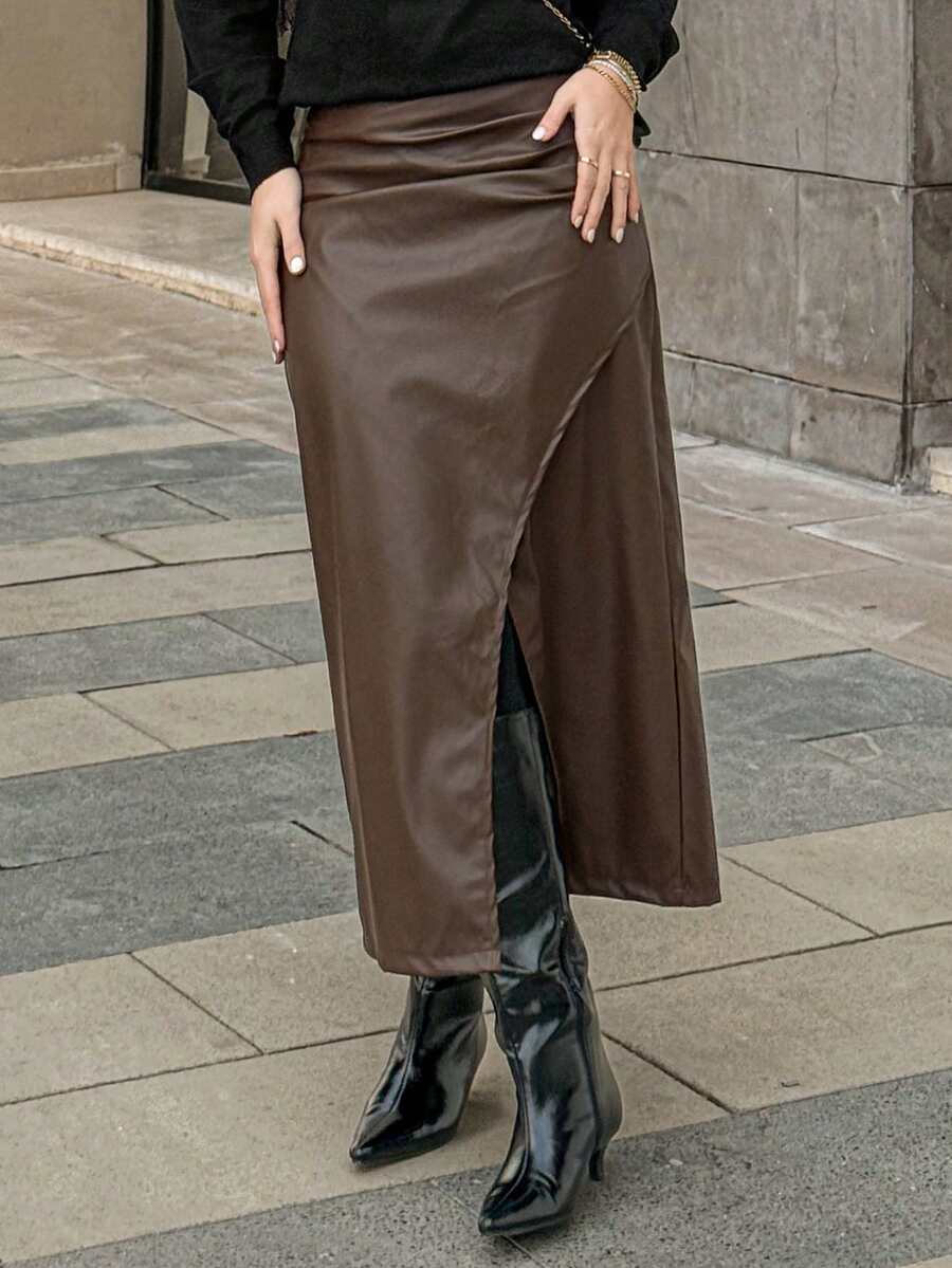 DAZY Women's Solid Color Asymmetric Design Casual Skirt,Pencil Skirt Leather Skirt - Coffee Brown - View 1