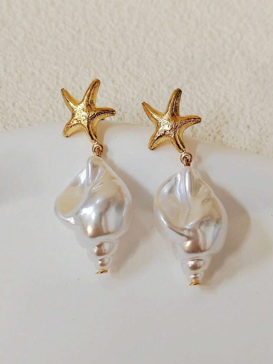 Gold-Plated Starfish & Spiral Pendant Earrings, Jewelry For Women, Summer Beach Vacation - Multicolor - View 1