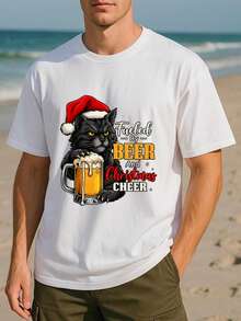 T-shirt à manches courtes pour hommes, style de Noël avec chat noir et bénédiction de la bière. T-shirt d'été, style modeste, col rond ample, T-shirt premium pur pour hommes - Noir - Voir 9
