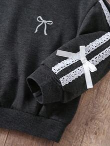 2pcs/Set Girls Vintage American College Style Round Neck Ruffle Bow Embroidered Loose Long Sleeve Sweatshirt And Pleated Mini Skirt, Spring/Autumn - Grey - View 6
