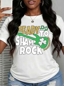 Women's Funny Crewneck Printed T-Shirt Ready To Sham Rock With Green Guitar And Clover Design 100 Percent Cotton Casual Tee For St Patricks Day Party Festival Gift Choice - 白色 - 查看 6