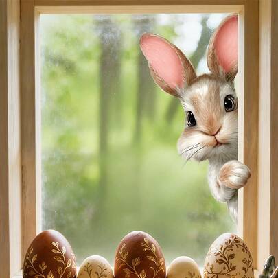 1 pieza Lindo conejo asomándose Calcomanías de ventana con adherencia estática - Pegatinas de dibujos animados removibles y sin adhesivo para el hogar, dormitorio, habitación de niños, oficina, ventana del automóvil, decoraciones de Pascua