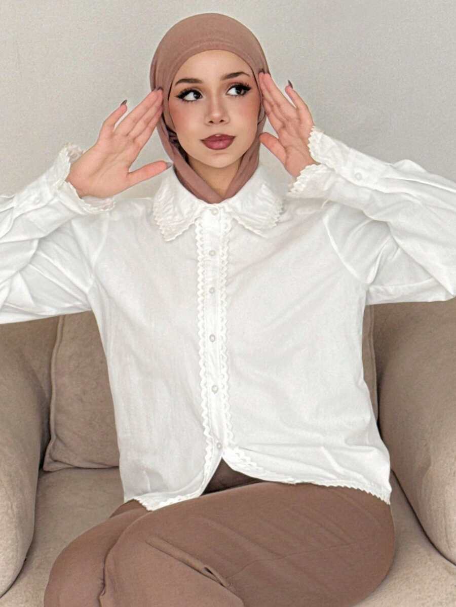 DAZY 纯色泡泡袖纽扣前襟衬衫、长袖上衣 - 白色 - 查看 1