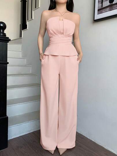 abyoxi Set de 2 piezas: Top bandeau con volantes en rosa emparejado con pantalones de pierna ancha, elegante y de moda, adecuado para la oficina, el transporte, el estilo retro, fiestas, citas, el Día de San Valentín, primavera/verano