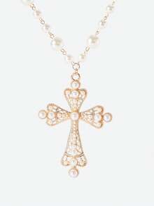 Opalesca 2pcs Unisex Punk Cross Pendant Faux Pearl Necklace, Adjustable Charm Jewelry, Couples' Necklace - 2-piece Set - View 6