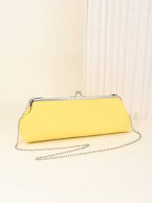 女士时尚长款纯色黄色手拿单肩包链条包优雅黄色PU皮革正式鸡尾酒会手提包，配有可拆卸链条，适合派对和约会 - 金色 - 查看 7