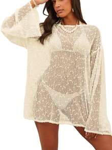 Womens Swimsuit Crochet Cover Up Sexy Boat Neck Bathing Suit Summer Long Sleev Beach Dress Coverup Bikini - Màu be - Xem 4