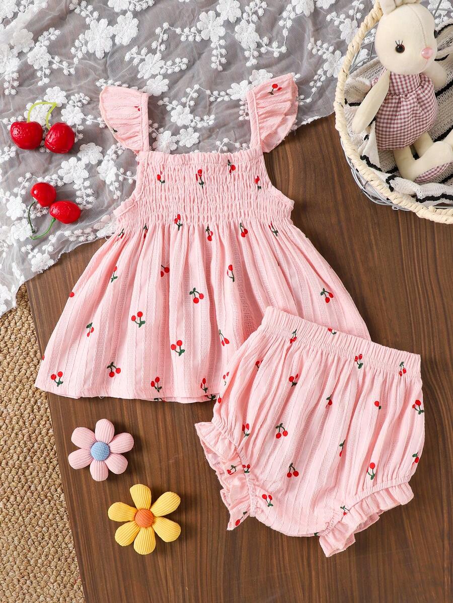 2pcs/Set Toddler Girls' Cute Cherry Pattern Pink Camisole Top + Shorts Set, Summer - Pink - View 1