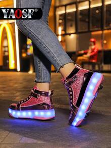 YAOSF 儿童及青少年轮滑鞋 - 升级版，稳定性更强，可拆卸两用运动鞋，街头酷炫轮滑鞋，户外运动夜光鞋，亲子鞋，新款直排轮滑鞋，带轮夜光鞋，夜间照明鞋 - 粉色 - 查看 5