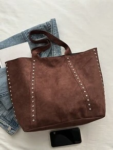1 chiếc túi xách nữ thời trang màu nâu mới, chất liệu da lộn phối nhiều mảng màu, túi đeo vai cỡ lớn có đinh tán, kiểu dáng tối giản thanh lịch, đa năng. - màu nâu - Xem 10