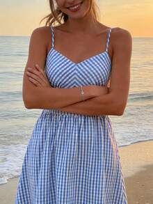 Women's Elegant Blue Plaid Backless A-Line Mini Dress, Sleeveless Halter Neck Dress For Date, Vacation, Beach - Blue - View 4