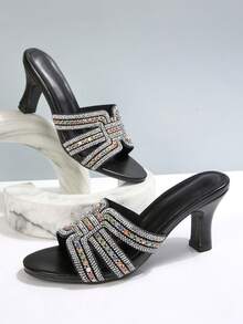 夏季水钻装饰粗跟凉鞋，时尚户外穿搭水晶镶嵌拖鞋 - 黑色 - 查看 7