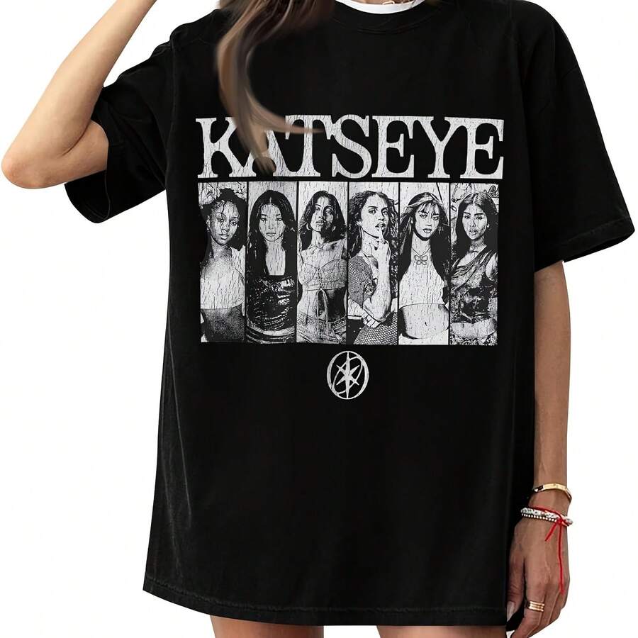 Katseye Tour Shirt Music Album Katseye Merch The Beautiful Chaos Tour Concert Short Sleeve Women Gra - 黑色 - 查看 1