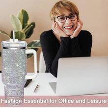 New 40oz Insulated Water Bottle With Handle, Straw, And Lid; Rhinestone-Studded; Stainless Steel; Double-Walled Travel Mug; Can Be Attached To A Car Cup Holder; Suitable For Women; Ideal For Outdoor Camping; Large Size; Makes A Great Holiday Gift For Friends. - 40盎司 - 查看 6
