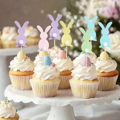 5 piezas/10 piezas/12 piezas Decoraciones para cupcakes con conejitos de Pascua de dibujos animados, adecuadas para fiestas de cumpleaños de Pascua, decoración para hornear cupcakes y postres DIY