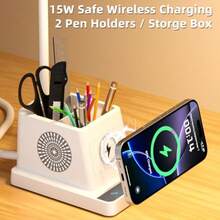 Lámpara LED de Escritorio con 3 Puertos USB, 2 Salidas CA, 3 Modos de Color, 3 Niveles de Brillo, Función Táctil/Memoria/Temporizador, Plegable, para Oficina - cargador inalámbrico/cuello de cisne blanco - Ver 2