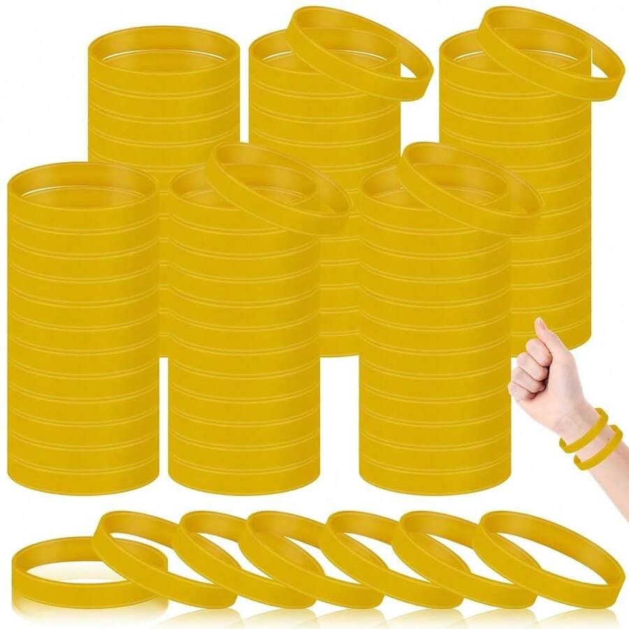 100 Pcs Solid Color Rubber Wristbands Rubber Bracelets Silicone Wristbands Sports Bracelets Bulk Adult Wrist Bands For Event Women Men Party Decorations(Gold) - 金色 - 查看 1