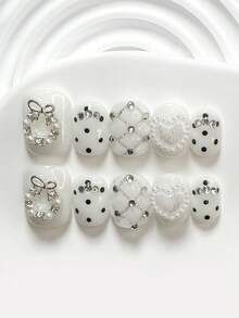 10pcs Simple Dot Nail Stickers, Acrylic Pressed Nail Stickers, Shiny White Heart-Shaped, Rhinestone Hollow Bow Nail Decorations, Hand-Painted Black Dots, Silver Grid Lines, White Nail Polish, Includes Nail Tools (1 Jelly Sticker + 1 Nail File), Available In 3 Sizes: Square, Almond, Short Rectangle, Suitable For Office, Travel, Party, Daily Manicure Nails - Nhiều màu - Xem 2