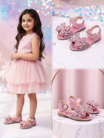 Sandalias planas para niñas pequeñas talla grande en color fucsia, de cuero suave con lentejuelas, decoración de trébol y mariposa, punta redonda, suela blanda antideslizante, estilo princesa de moda para playa/vacaciones/escuela, adecuado para niñas de 3 a 12 años, primavera/verano 2026