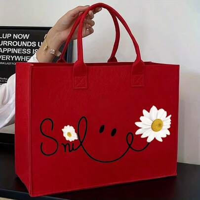 Portable Large Capacity Felt Tote Bag, With Sturdy Handle, Foldable Storage Bag, Durable & Portable, Easy To Clean, Suitable For Shopping, Camping, Storage, Travel, Lunch Bag, Fashion Handbag