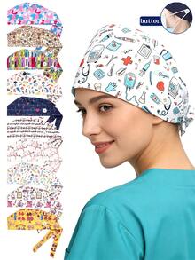 1pc Elastic Work Cap With Cartoon Print & Long Hair Ponytail Design, Unisex, All Season - Multicolor - View 3