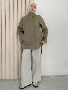 Livesso Loose Fit Long Sleeve Belted Pocket Women Trench Coat Women Jacket,Fall Women Clothes - Green - View 8