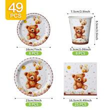 1 Set Flower & Bear Birthday Balloon Disposable Plates, Napkins, Cups, Serves 8 Guests, Suitable For Birthday, Wedding, Party, Family Picnic - Multicolor - View 2