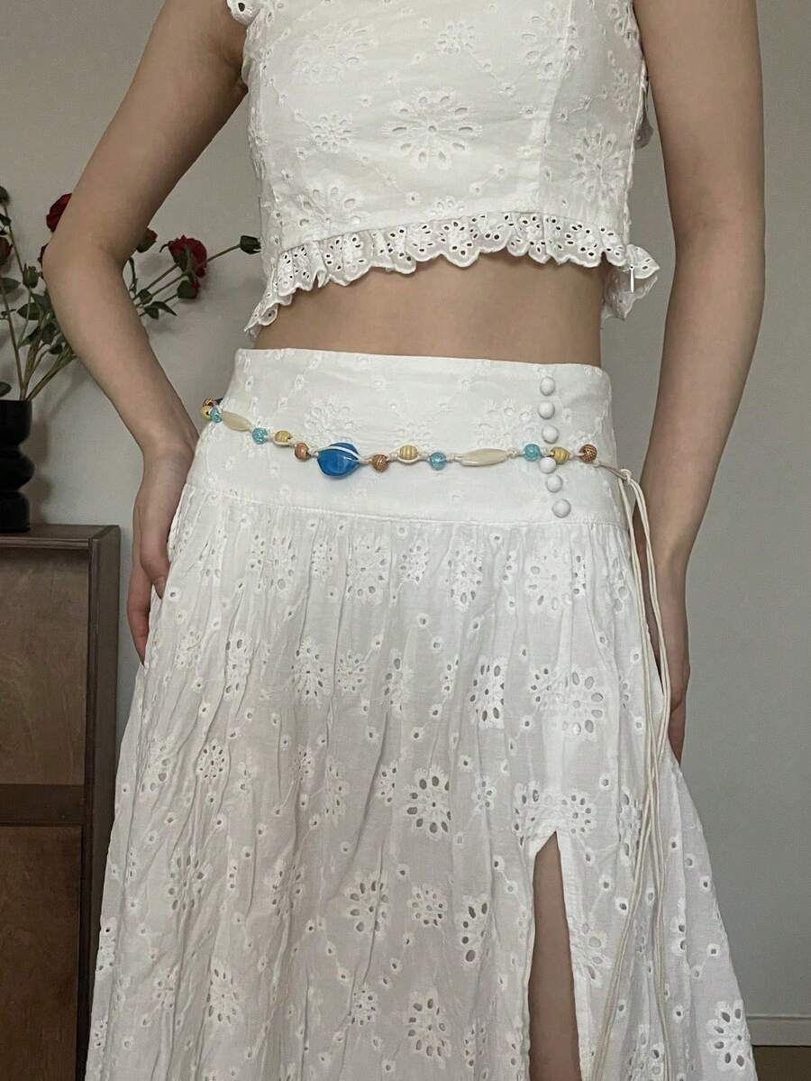 1pc Women's Bohemian Style Polyester Material Beaded Waist Chain In Beige Halloween Summer, School Fall, Autumn, Halloween - Màu xanh lam - Xem 1