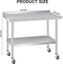 Mesa de Trabajo de Acero Inoxidable Comercial con Salpicadera y 4 Ruedas - Mueble de Cocina Resistente con Estante Ajustable para Negocios y Exteriores - 48 x 24 pulgadas - Ver 2