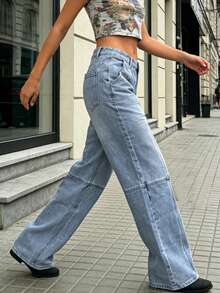 NVFelix 女士宽松直筒牛仔裤，拼接设计，水洗做旧处理，休闲优雅，Y2K街头风，夏季新款，蓝色，情人节新款。 - 藍色 - 查看 4