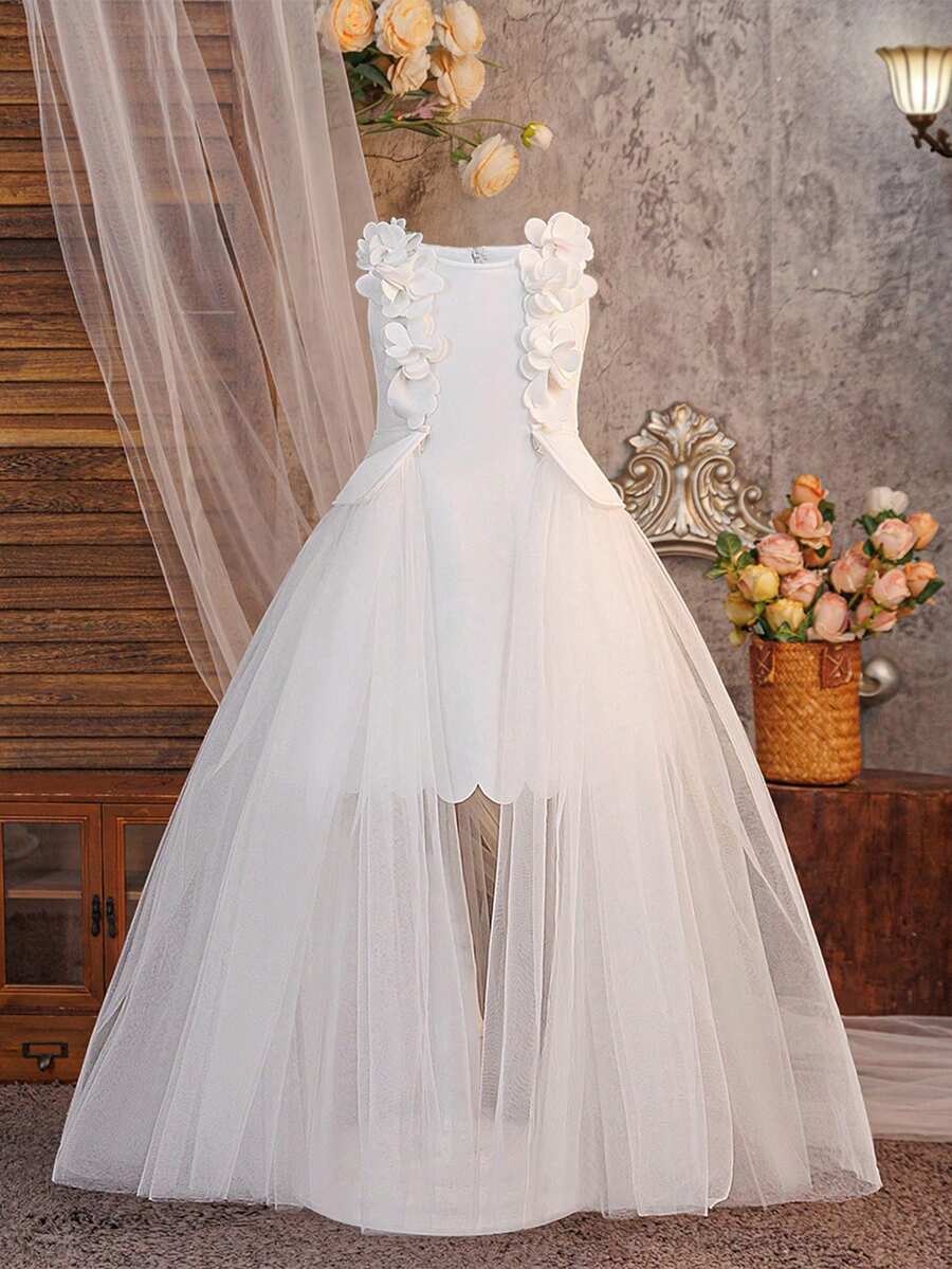 2pcs White Princess Tulle Detachable Shawl Set For Young Girls, Suitable For Party - White - View 1