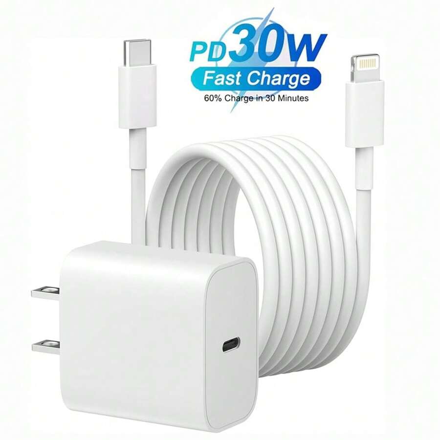 30W PD 快充墙式适配器 + 100厘米高效数据传输充电线，兼容 14 Pro Max/14 Pro/14 Plus/14/13/12/11/XS/XR/8/7/6、iPad 系列 - 美規A型插(110-127V) - 查看 1