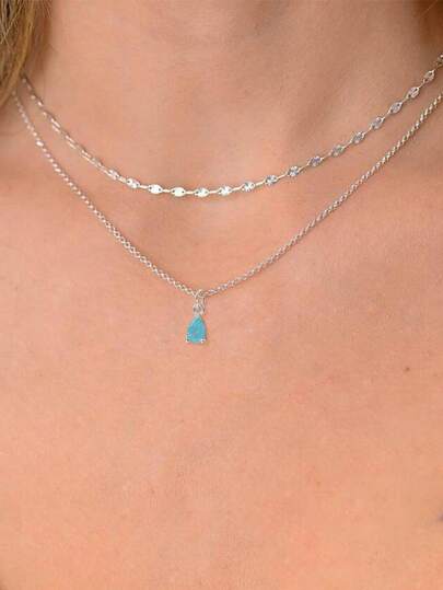 2pcs/Set Silver Jewelry Elegant Silver Flat Cross Chain & Lip Chain With Blue Teardrop Copper Zirconia Pendant Necklace Set For Girl