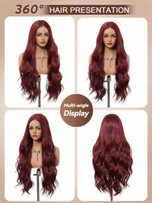 13x4 Lace Front Wig Burgundy Red Long Wavy Wig Natural Pre Plucked Hairline Heat Resistant Synthetic Wig For Daily Party 26inch - Burgundy - View 9