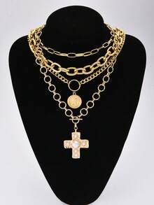 4pcs Vintage Coin Portrait, Cross, Faux Pearl Pendant Necklace Set, Layered Necklaces For Women, Suitable For Dates, Parties, Balls, Birthdays, Holidays, Everyday Wear - Yellow Gold - View 3