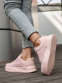 Giày thể thao nữ tối giản, màu trơn, phối nhiều mảng màu, buộc dây phía trước, kiểu dáng trượt ván, mũi tròn, đế cao, thoải mái, đa năng, thích hợp cho phong cách thường ngày. - Hồng - Xem 11