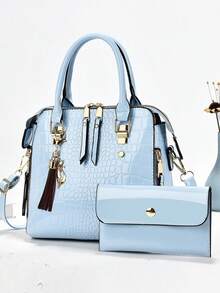 新款时尚女士母女包套装，亮面鳄鱼纹压花皮革，大容量女士手提包 - 紫色 - 查看 10