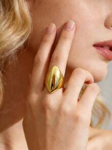 Mazuer 1pc Vintage Style Golden Smooth Oval Ring, 18K Gold Plated Stainless Steel Jewelry, Business & Casual Accessory, Gift - Gold - View 1