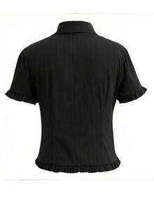 Womens Button Down Shirt - Slim Fit Ruffled Trim V Neck Short Sleeve Blouse For Summer Casual - 黑色 - 查看 7