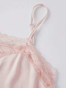Women Patchwork Lace Cami Dress Fitted Square Neck Spaghetti Strap Mini Dresses For Daily Party Club - Champagne - View 4
