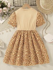 Girls' Casual Everyday Dress With Random Print Pattern, Decorative 3D Bow Design, Umbrella Sleeves, Knee-Length, Suitable For Spring And Summer - Apricot - View 3