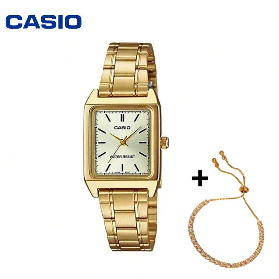 Bộ đồng hồ nữ Casio LTP-V007G-9E mặt vuông, phong cách tối giản sang trọng, dây đeo bằng thép không gỉ, đồng hồ đeo tay thạch anh thanh lịch kèm vòng tay trang sức phù hợp để đeo hàng ngày hoặc làm quà tặng. - Một cỡ - Xem 1