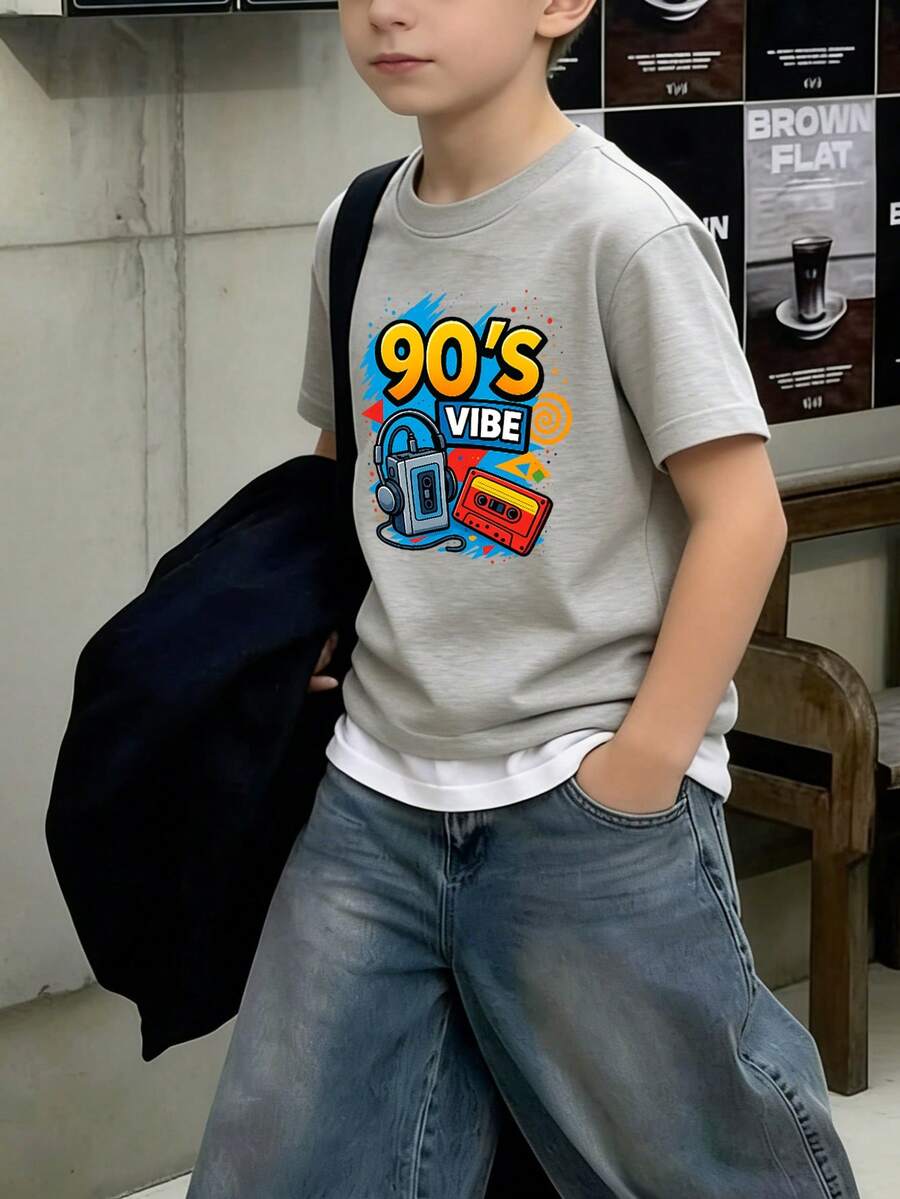 Tween Boys Casual Printed Crew Neck Short Sleeve T-Shirt, Summer Top - Light Grey - View 1