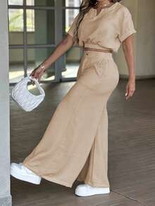 Conjunto de dos piezas para mujer de primavera/verano, conjunto casual simple con parte superior de cuello redondo y manga corta, pantalones de pierna ancha con botones y cremallera delantera de cintura alta con bolsillos, combinación de dos piezas - Caqui - Ver 2